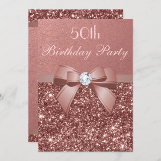 Any Age Birthday Rose Gold Glitter Diamond Bow Invitation