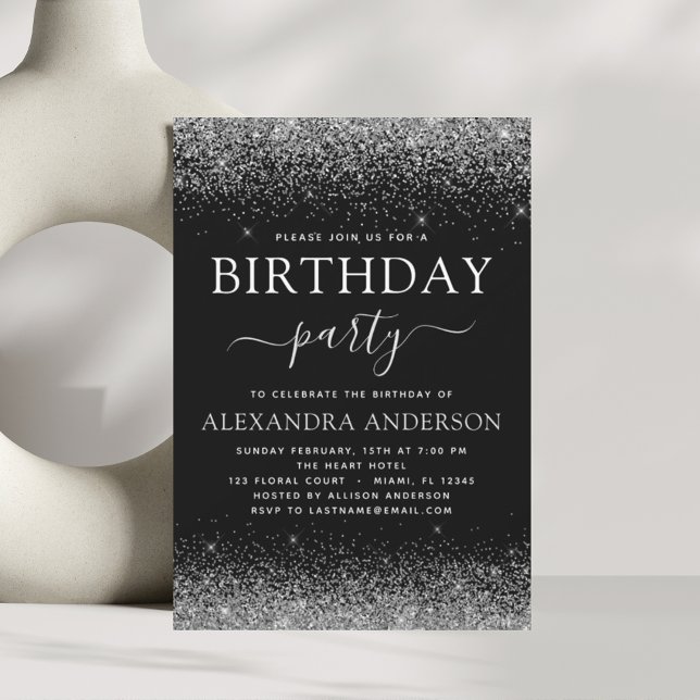Any Age Birthday Silver Black Modern Glitter Invitation (Creator Uploaded)