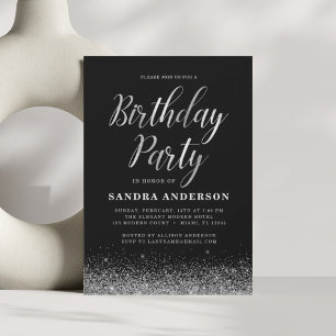 Any Age Birthday Silver Black Modern Glitter Invitation