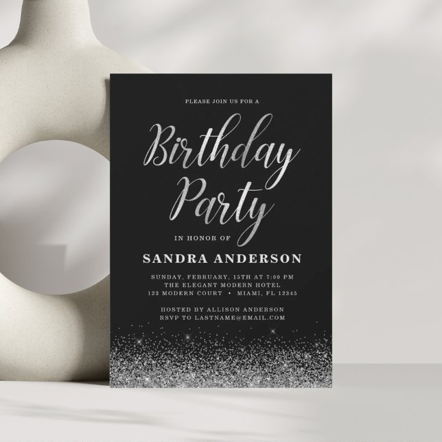 Any Age Birthday Silver Black Modern Glitter Invitation (Creator Uploaded)