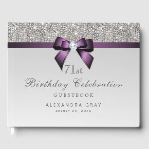 Any Age Birthday Silver Faux Sequins Purple Bow Guest Book