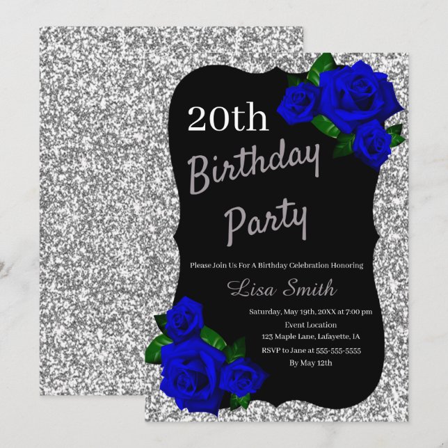 Any Age Birthday Silver Glitter Deep Blue Roses Invitation (Front/Back)