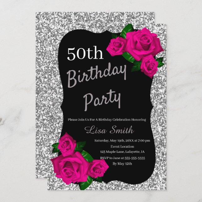 Any Age Birthday Silver Glitter Pink Roses Invitation (Front/Back)