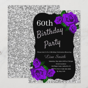 Any Age Birthday Silver Glitter Purple Roses Invitation
