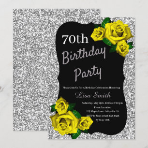 Any Age Birthday Silver Glitter Yellow Roses Invitation