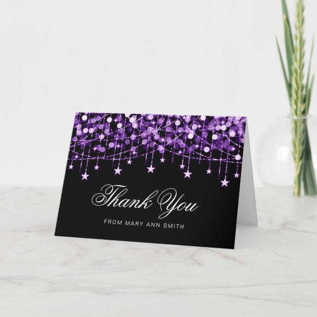 Any Age Birthday "Thank You" Purple String Lights Thank You Card (Front)