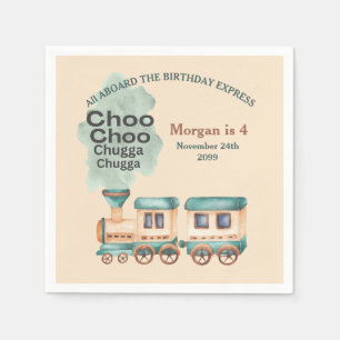 Any Age Birthday Train Party All Aboard Watercolor Napkin