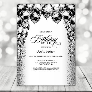 Any Age Black and White Balloons Birthday Party Invitation