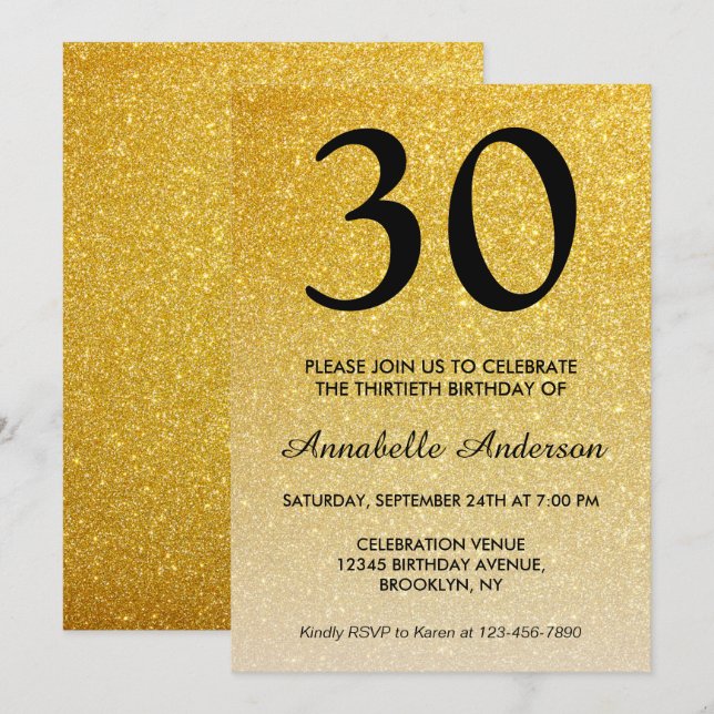 Any Age Black Gold Glitter Sparkle Ombre Birthday Invitation (Front/Back)