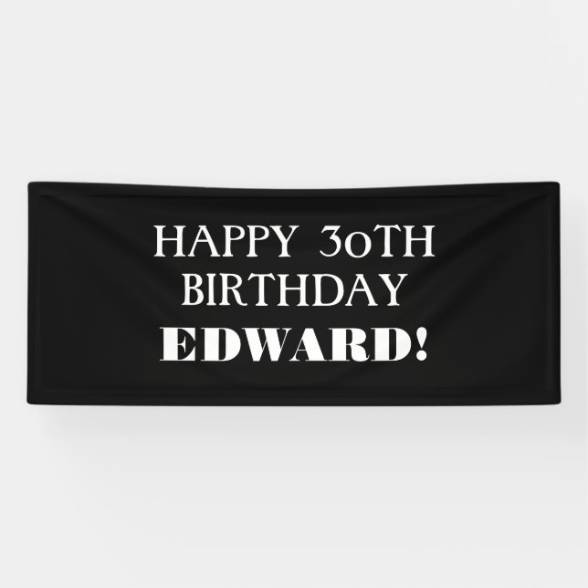 Any Age Black White Custom Happy Birthday Banner (Horizontal)