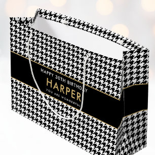 Any Age Black White Houndstooth Happy Birthday Large Gift Bag