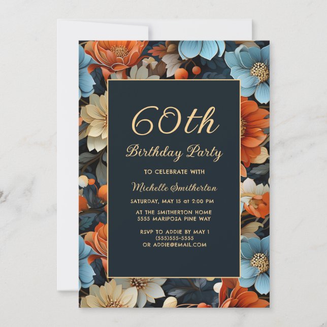 Any Age Blue Orange Flowers 60th Birthday Invitation (Front)