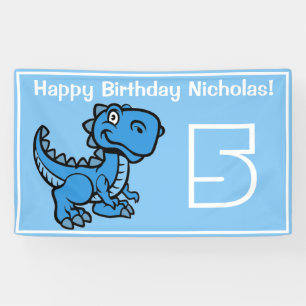 Any Age Blue T Rex Dinosaur Birthday Banner