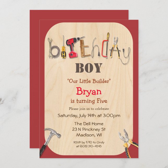 ANY AGE - Boy Builder Tool Birthday Invitation (Front/Back)