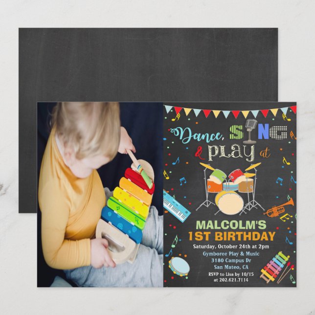 ANY AGE - Boy Music Birthday Chalk Invitation (Front/Back)