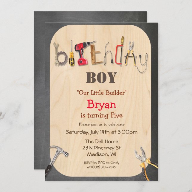 ANY AGE - Boy Tool Builder Birthday Invitation (Front/Back)