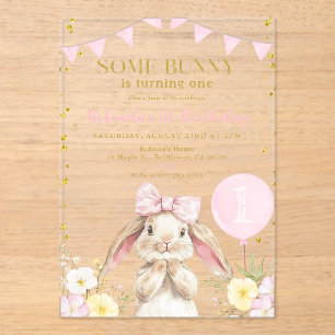 ANY AGE Bunny Pink Watercolor Wildflower Birthday Acrylic Invitations