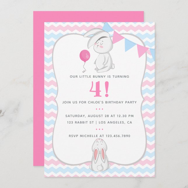 Any Age Bunny themed Birthday Party Invitation (Front/Back)