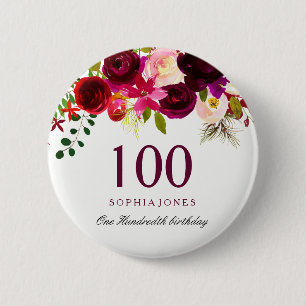Any Age Burgundy Floral Boho 100th Birthday Party 6 Cm Round Badge
