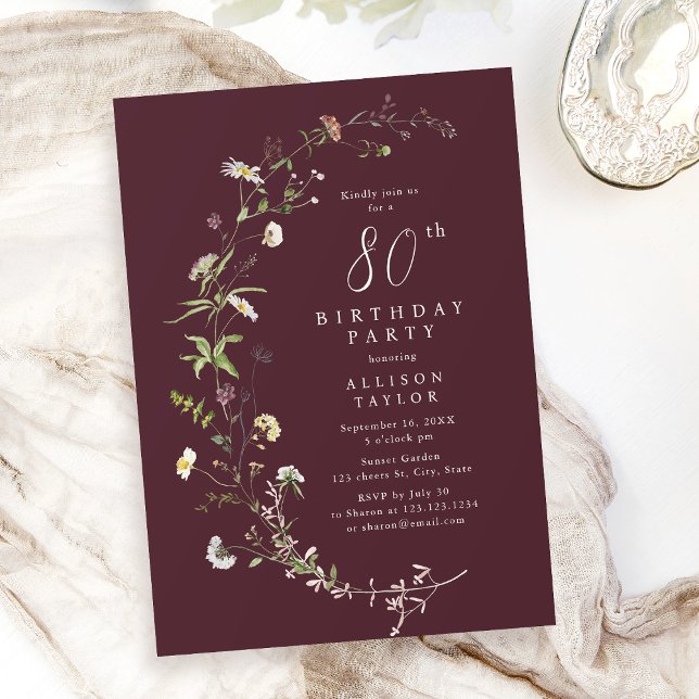 Any Age Burgundy Wildflower Boho 80th Birthday  Invitation (Any Age Burgundy Wildflower Boho 80th Birthday Invitation)