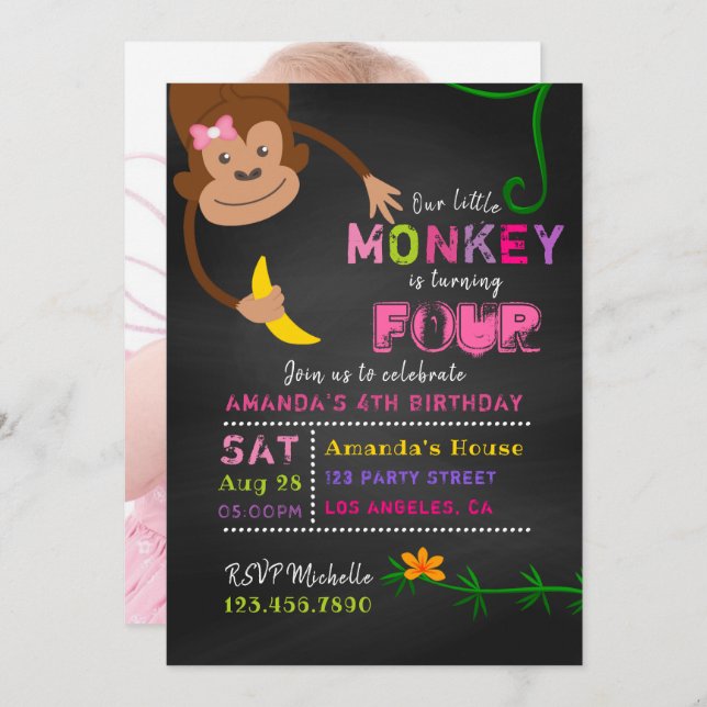 Any Age Chalkboard Little Monkey Girl Birthday Invitation (Front/Back)