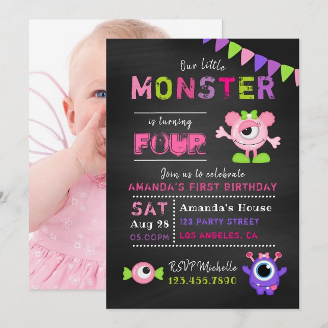Any Age Chalkboard Little Monster Girl Birthday Invitation (Front/Back)