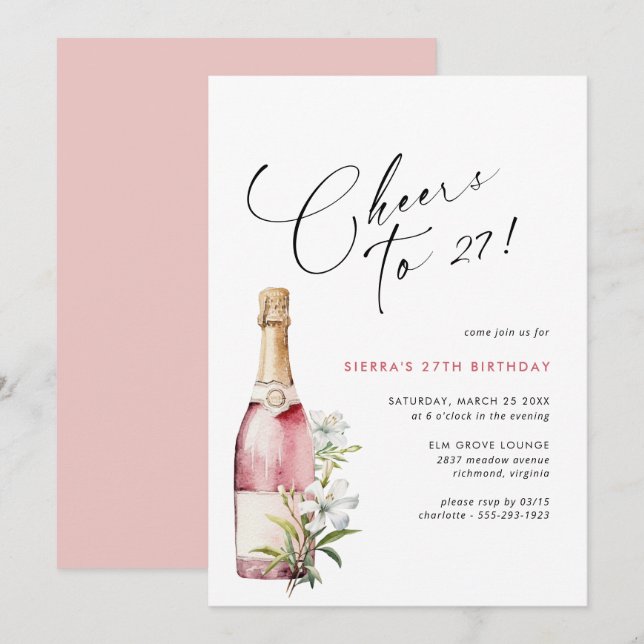 Any Age | Cheers Pink Champagne or Wine Birthday Invitation (Front/Back)