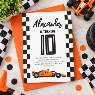 Any Age Chequered Orange Race Car Birthday Party Invitation