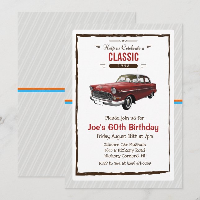 ANY AGE - Classic Car Vintage Birthday Invitation (Front/Back)