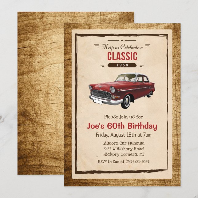 ANY AGE - Classic Car Vintage Birthday Invitation (Front/Back)