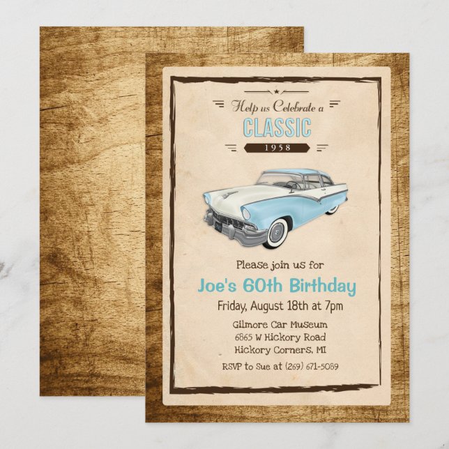 ANY AGE - Classic Car Vintage Birthday Invitation (Front/Back)