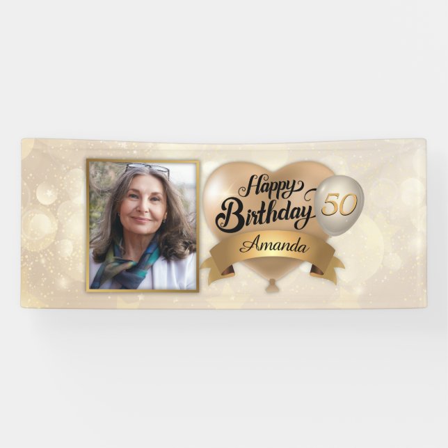 Any Age Custom Cream Gold Elegant Birthday Banner (Horizontal)