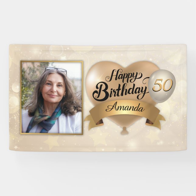 Any Age Custom Cream Gold Elegant Vinyl Birthday Banner (Horizontal)