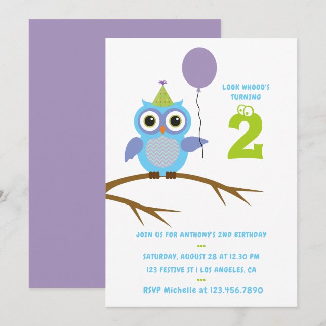 Any Age Cute Owl Baby or Toddler Boys Birthday Invitation (Front/Back)
