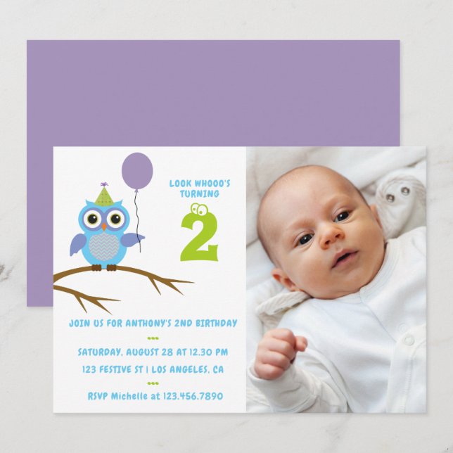 Any Age Cute Owl Baby or Toddler Boys Birthday Invitation (Front/Back)