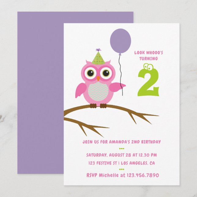 Any Age Cute Owl Baby or Toddler Girl Birthday Invitation (Front/Back)