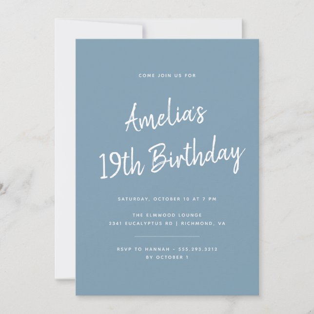 Any Age | Dusty Blue Modern Script Birthday Invitation (Front)
