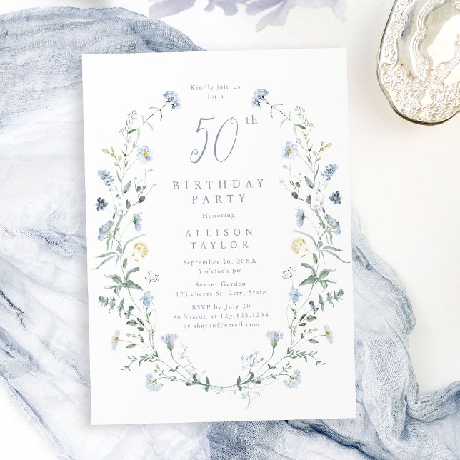 Any Age Dusty Blue Wildflower Boho 50th Birthday  Invitation (Any Age Dusty Blue Wildflower Boho 50th Birthday Invitation)
