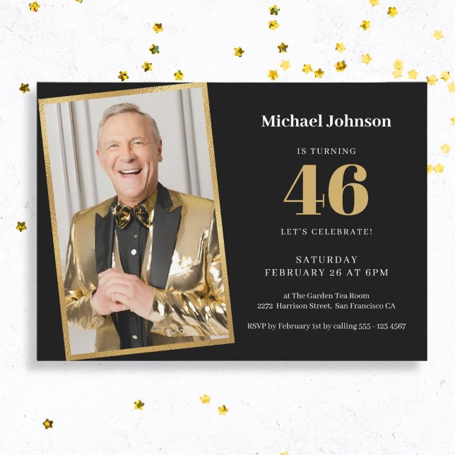 Any Age Elegant Black Gold Photo Birthday Invitation (Mock Up View)