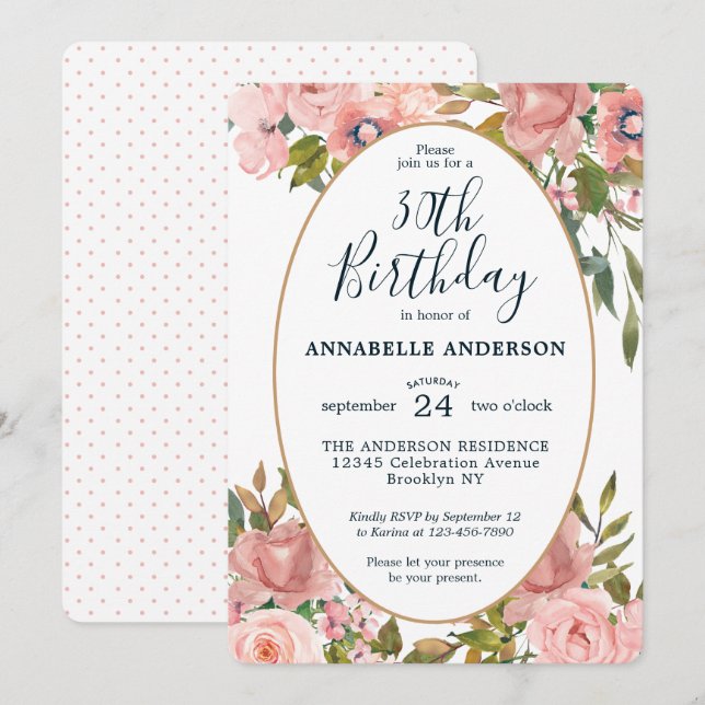 Any Age Elegant Floral Pink Blush Gold Birthday Invitation (Front/Back)