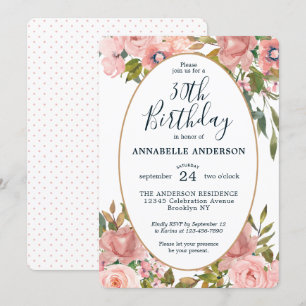 Any Age Elegant Floral Pink Blush Gold Birthday Invitation
