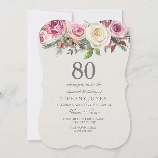 Any Age Elegant White Rose Floral 80th Birthday Invitation (Front)