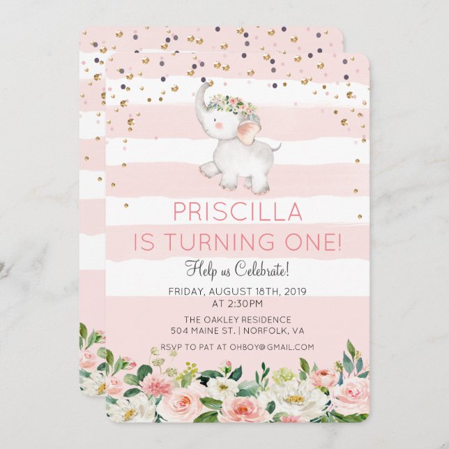 ANY AGE - Elephant Girl Birthday Invitation (Front/Back)