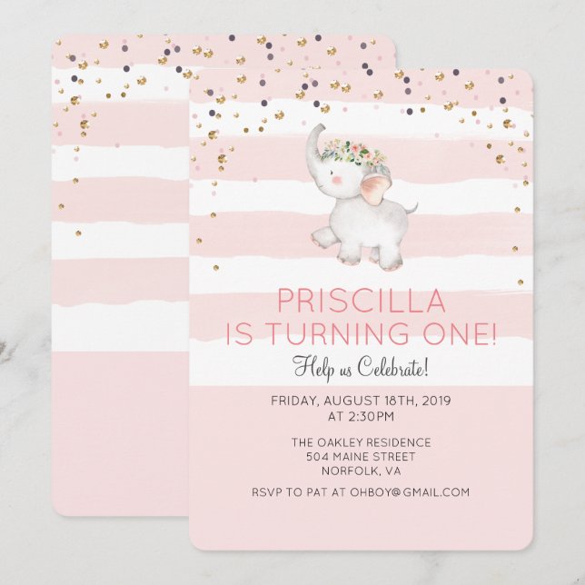 ANY AGE - Elephant Girl Birthday Invitation (Front/Back)