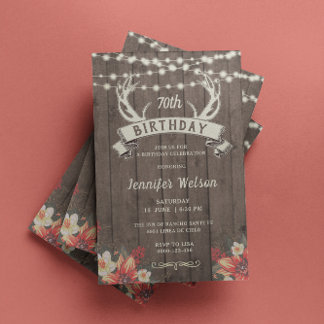 ANY AGE Female Rustic Floral Antlers Banner B'day Invitation