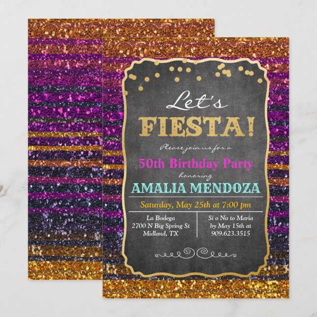 ANY AGE - Fiesta Birthday Glitter Invitation (Front/Back)