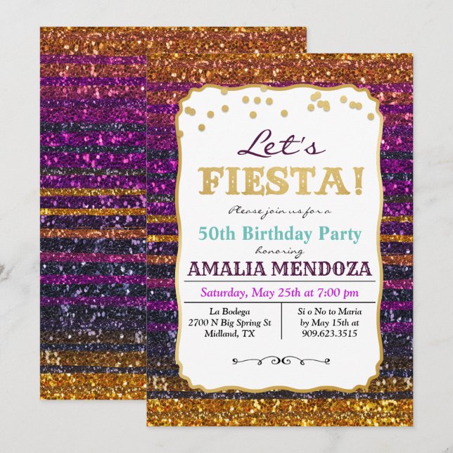 ANY AGE - Fiesta Birthday Glitter Invitation (Front/Back)