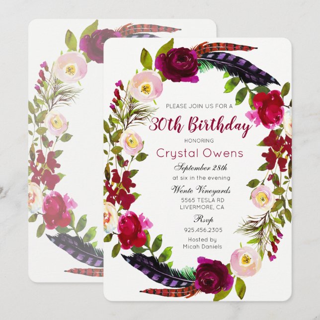 ANY AGE - Floral Burgundy Birthday Invitation (Front/Back)