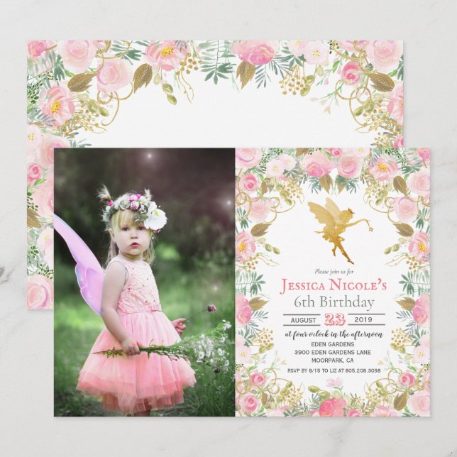 ANY AGE - Floral Fairy Girl Birthday Invitation (Front/Back)