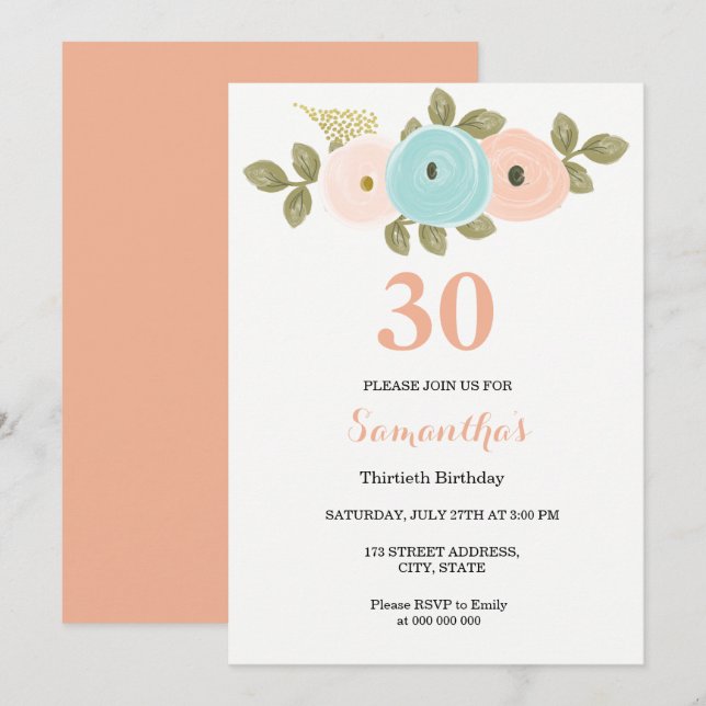 Any Age Floral Peach 30th Birthday Invitation (Front/Back)